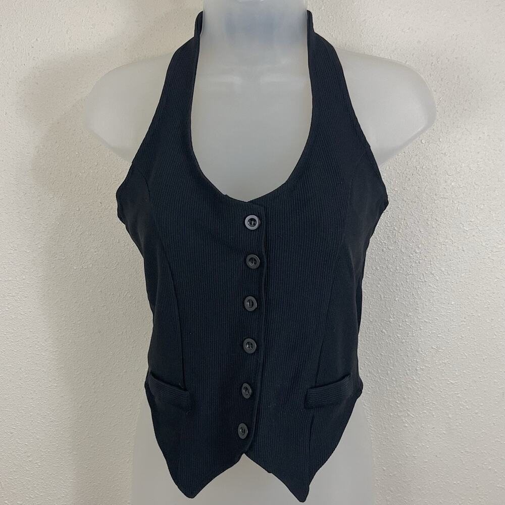 Vintage Express Tricot Ribbed Halter Vest Top M Medium Black Y2K Button Front